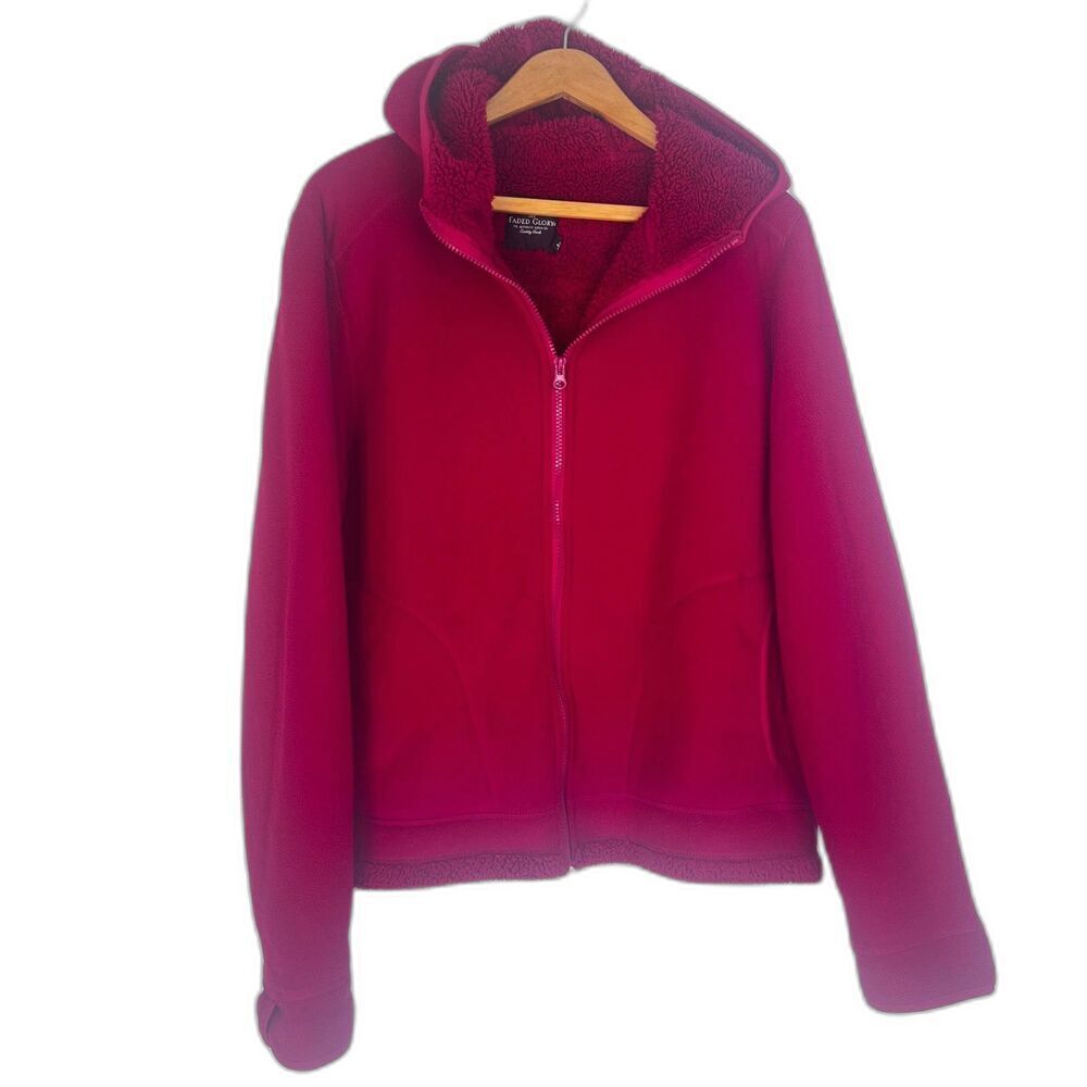Faded Glory Fleece Zip Up Sweater Hooded Fleece Lined‎ Size LG Bright Cozy Basic